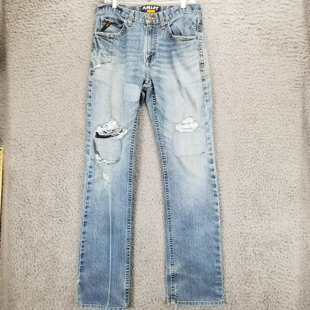 Ariat Jeans Mens 33x36 Rebar M4 Medium Wash Stretch Low Rise Distressed Bootcut